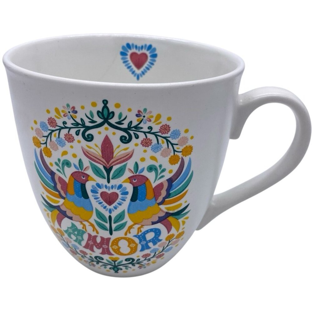 Fig & Fern 20 oz Mug Folk Art Birds Hearts Floral Scandinavian Mexican Otomi